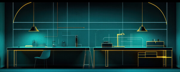 Poster - A dark room with two desks and two lamps. The lamps are yellow and the room is illuminated