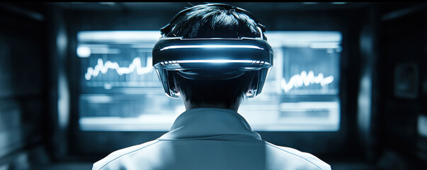 Poster - A man wearing a virtual reality headset is looking at a computer screen. Concept of immersion and technology, as the man is fully engaged in the virtual world