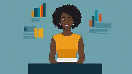 Poster - A woman is sitting at a desk with a book in front of her. She is smiling and she is happy