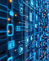 Poster - A computer screen with many icons and a blue background. The icons are colorful and appear to be related to technology or communication. Scene is one of modernity and innovation
