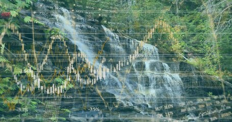Poster - Overlaying stock market graphs, natural waterfall scene creating animation effect