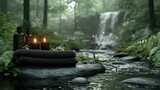 Tranquil forest spa scene.  Dark gray towels, candles, and bottles rest on a rocky stream bank, a waterfall cascading in the background. Lush greenery surrounds the scene
