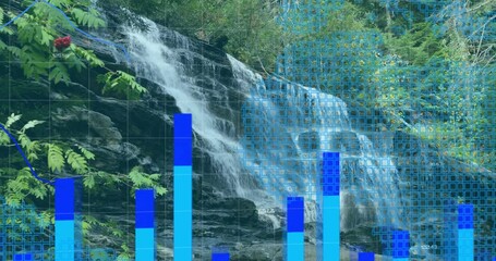 Poster - Flowing waterfall over rocks with digital animation overlay in forest background