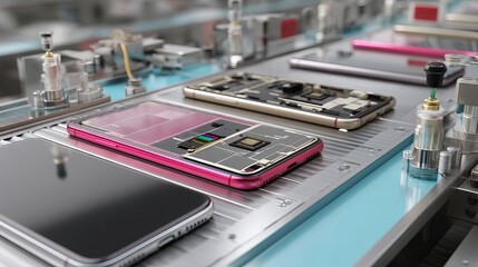 Poster - Smartphone Assembly Line Modern Technology HighTech Manufacturing Process Detailed View of Disassembled Smartphones on Conveyor Belt Innovative       
