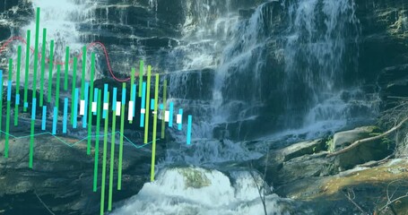 Poster - Bar chart and line graph animation over cascading waterfall background