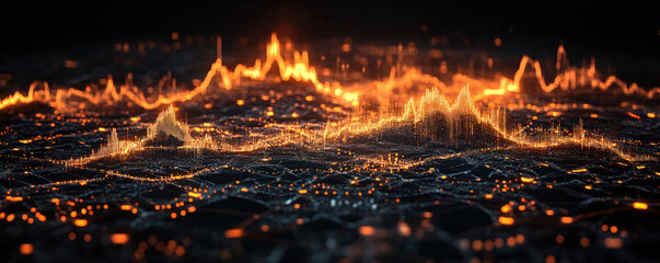 Poster - A black and orange background with a lot of dots and lines. The dots are scattered all over the background, creating a sense of chaos and confusion