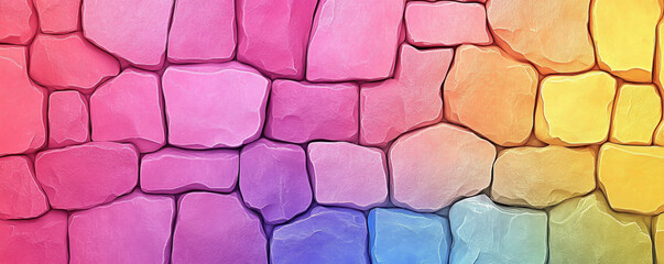Poster - A colorful wall made of stones with pink, yellow, and blue stones. The wall is very colorful and bright