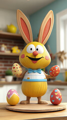 Poster - A cartoon rabbit holding a bunch of Easter eggs. The rabbit is smiling and he is happy