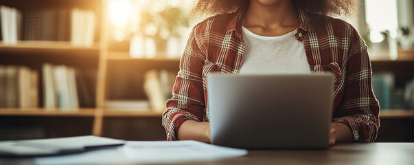 Poster - A woman is sitting at a desk with a laptop open in front of her. She is wearing a red and white plaid shirt. The room is filled with books, and there is a potted plant in the background