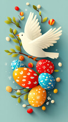 Poster - A colorful bird is perched on a branch with a bunch of eggs. The eggs are of different colors and sizes, and the bird is surrounded by them. Concept of joy and celebration