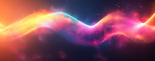 Poster - A colorful wave of light with a purple and orange section. The wave is made up of many small dots