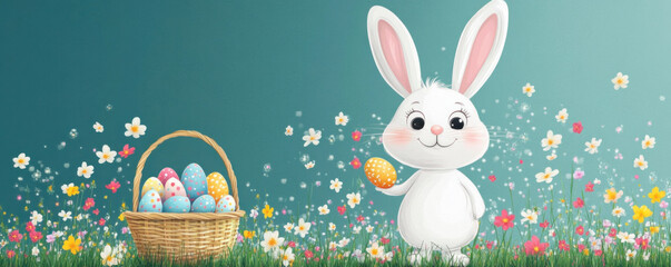 Poster - A bunny holding an Easter egg in a basket. The bunny is surrounded by flowers and grass. Concept of joy and celebration, as it is an Easter scene