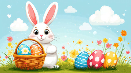 Poster - A rabbit is holding a basket full of Easter eggs. The basket is filled with a variety of eggs, including some that are white and some that are brown. The scene is set in a grassy field