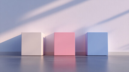 Poster - Three boxes of different colors are standing next to each other on a concrete floor. The boxes are pink, blue, and white. The scene is simple and minimalistic, with the boxes being the main focus