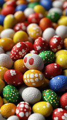 Poster - A bunch of colorful eggs with white spots and flowers on them. The eggs are all different colors and sizes, and they are piled on top of each other. Concept of abundance and variety