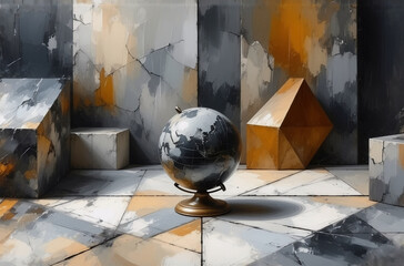 Poster - A globe rests in a room featuring abstract geometric forms in shades of gray, white, black, and gold. The scene has a textured, painted appearance.