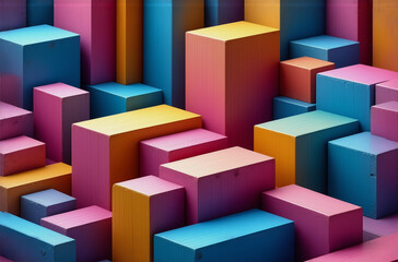 Poster - Vibrant 3D blocks in varying sizes are stacked, forming an abstract geometric scene. The blocks feature shades of pink, blue, yellow, and orange.