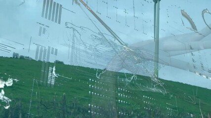 Poster - Wind turbine generating power in green field with digital animation overlay map