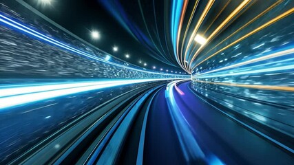 Poster - Dynamic light trails in futuristic tunnel create vibrant visual experience, showcasing speed and motion with colors that blend seamlessly, evoking excitement and energy.