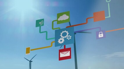 Poster - Animation of colorful digital network icons over wind turbines in clear blue sky