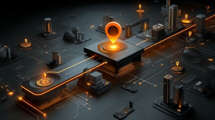Poster - Abstract Futuristic Cityscape Digital Art Modern Technology Network Glowing Orange Location Pin Smart City Innovation Design Background Illustration  