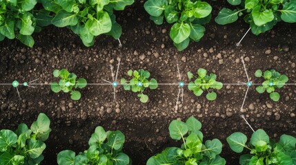 Poster - An aerial view of a farm with embedded sensors tracking plant health and soil moisture, clear space for copy in the sky