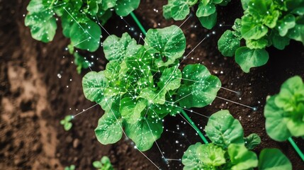 Poster - An aerial view of a farm with embedded sensors tracking plant health and soil moisture, clear space for copy in the sky
