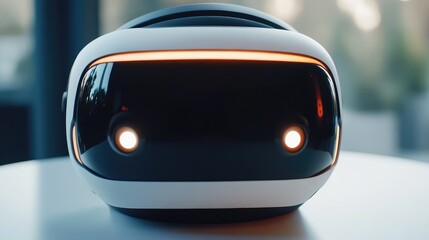 Poster - A close-up of a virtual reality headset with glowing lights, sitting on a clean white surface, with room for branding.