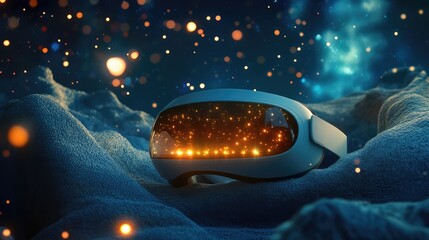 Poster - A close-up of a VR headset on a soft fabric surface with glowing lights, surrounded by space for copy.