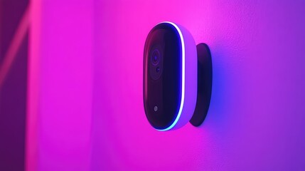 Poster - A close-up shot of a smart security camera on a bright wall with glowing edges and clean space for text.