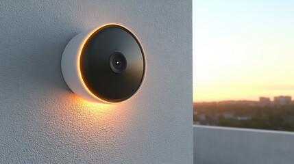 Poster - A close-up shot of a smart security camera on a bright wall with glowing edges and clean space for text.