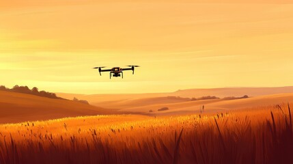 Poster - A drone flying over a farm during the planting season, monitoring the progress of crops and soil conditions, clean background for text