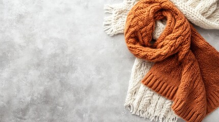Poster - A fashionable wool sweater and scarf placed neatly on a soft-textured background, surrounded by space for copy or logos.