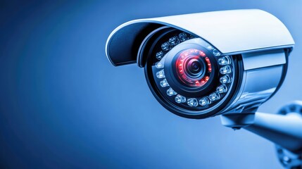 Poster - A high-tech security camera mounted on a wall, backlit with soft lighting, creating space for promotional material in the background.