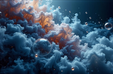 Wall Mural - ethereal cloudscape with blue and orange hues and floating bubbles in a dark setting. abstract and d