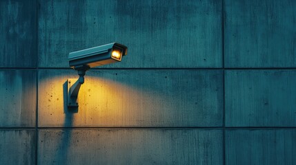 Poster - A modern security camera with glowing lights mounted on a neutral wall with clean space around it for branding.