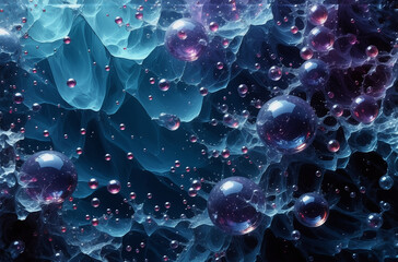 Aufkleber - an abstract composition featuring shades of blue and purple. shiny purple spheres of various sizes f