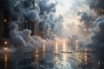 Canvas Print - eerie mist swirls around glowing orbs on a reflective ground, casting light upwards against indistin