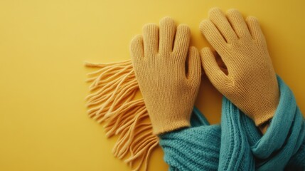 Poster - A pair of elegant gloves and a scarf placed on a smooth surface, surrounded by room for text or branding.