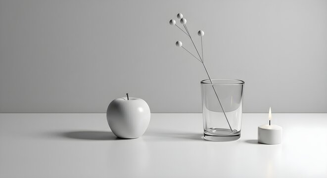 Minimalist White Apple and Candle Still Life on Neutral Background