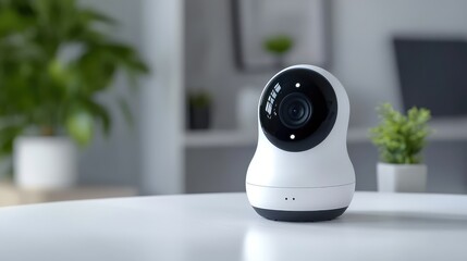 Poster - A smart home camera on a white surface with clear background space for promotional material or text