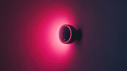 Poster - A smart security camera on a minimalist exterior wall, backlit with soft lighting and ample space for text or logos.