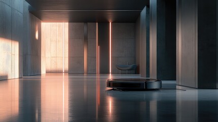 Poster - A smart vacuum robot docked in its charging station, surrounded by ample space for copy or branding