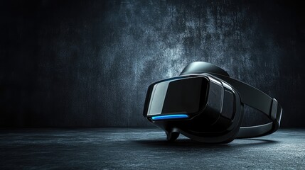 Poster - A virtual reality headset resting on a black surface, surrounded by empty space for copy or branding.