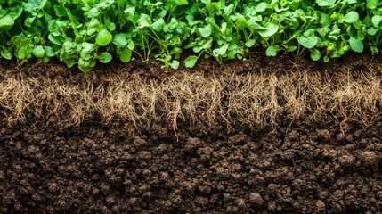 Poster - Clay-rich soil texture with cover crop root systems visible on surface, showing soil rebuilding and organic matter with copy space