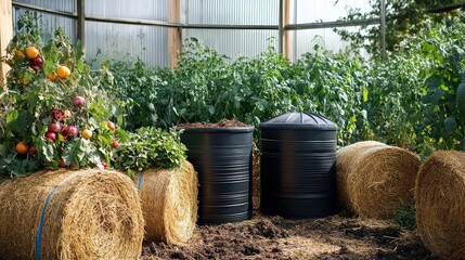 Poster - Compost bins in organic farm corner surrounded by straw bales and plant trimmings, tidy yet natural space with room for copy