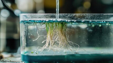 Poster - Cross-section diagram of hydroponic root growth inside channel with water flow underneath, educational view and copy space