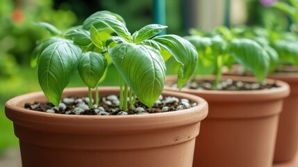 Poster - Growing basil in clay pebbles inside net pots, drip irrigation system visible with sterile background and open copy space