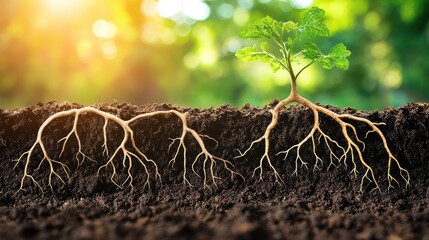 Poster - Healthy fungi networks in soil close-up, mycelium aiding nutrient cycling, with earthy natural tones and copy space