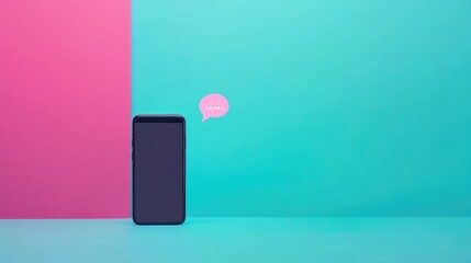 Aufkleber - Minimalistic setup with only a smartphone and message bubble outline on a plain color background, lots of blank space